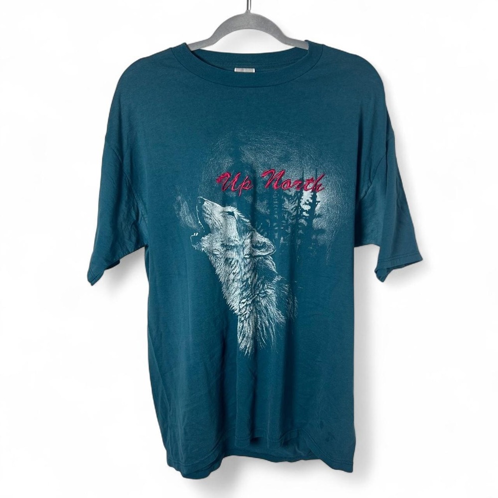 Vintage 90s Up North Wolf Graphic blue T-Shirt Size XL #graphictee